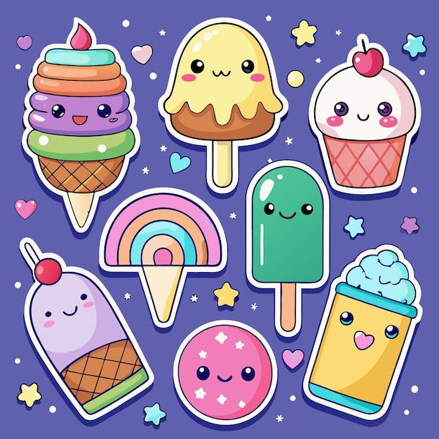 Des autocollants de bonbons de dessin animé Kawaii sur un fond violet