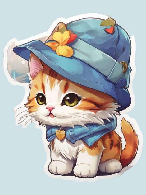 Des autocollants de chat mignons de haute qualité colorés Illustration détaillée d'un mignonne chat portant un chapeau