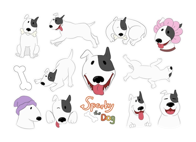 Autocollants De Chien De Dessin Animé Avec Un Drôle De Bull Terrier Sparky Isolé Sur Blanc Art Vectoriel Dessiné à La Main