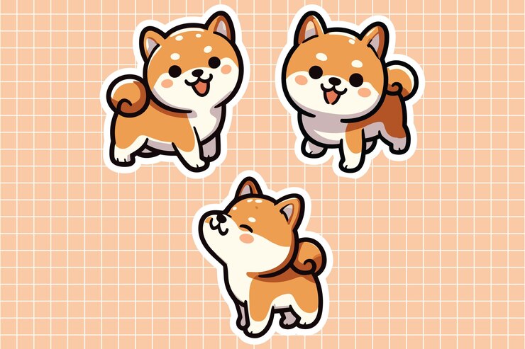 Vecteur des autocollants de chiens shiba inu mignons dans trois poses différentes sur un fond en plaqué de pêche
