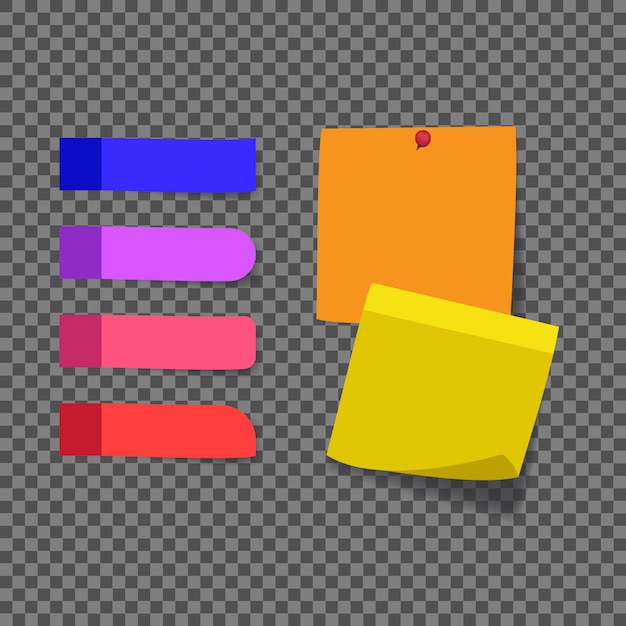 Autocollants colorés note avec un bord sur fond transparent.