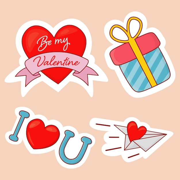 Les autocollants dessinés pour la saint valentin se composent d'un coeur avec une boîte-cadeau d'inscription je t'aime inscription et coeur volant