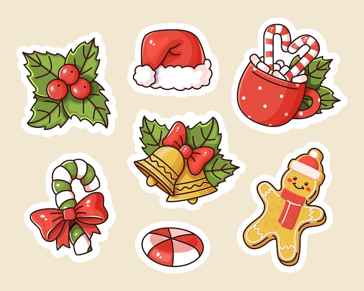Vecteur des autocollants de dessins animés festives avec des bonbons et des cloches de chapeau de père noël