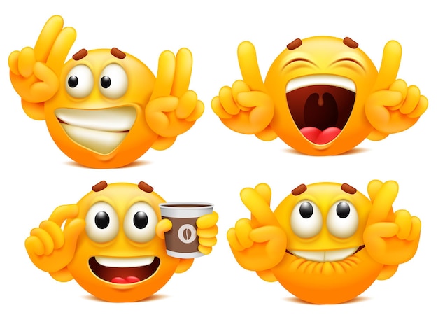 Vecteur autocollants drôles. ensemble de quatre personnages emoji de dessin animé jaune dans diverses situations