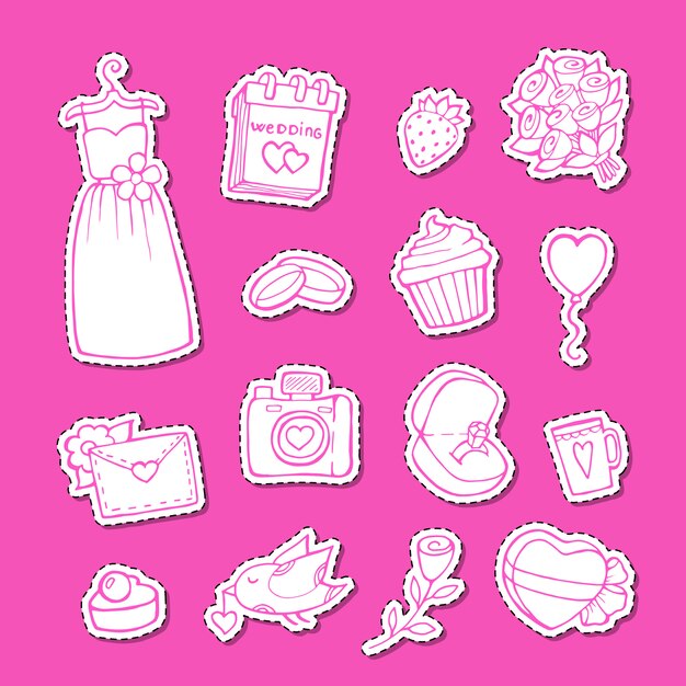 Vecteur autocollants d'éléments de mariage doodle set illustration