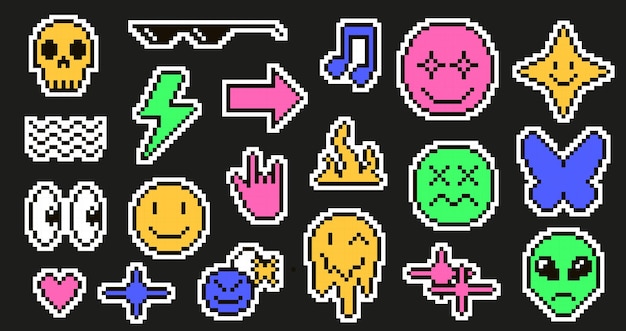 Des autocollants emoji pixel art rétro pixelés 8 bits symboles Y2K lunettes fraîches flèche flèche éclair et yeux regardants crâne sourire bombe visage extraterrestre et visage étincelle heureuse icônes vectorielles mises en place
