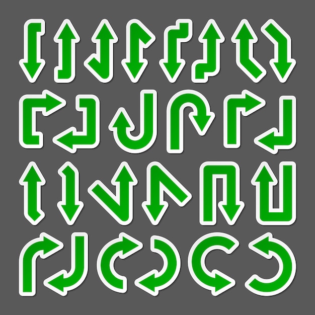 Des autocollants à flèches colorées, des pointeurs verts, une collection de flèches simples dans des directions de formes différentes.