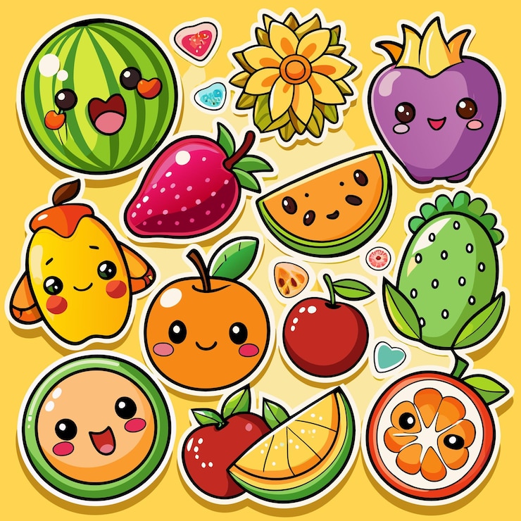 Vecteur des autocollants de fruits de dessins animés avec des visages heureux