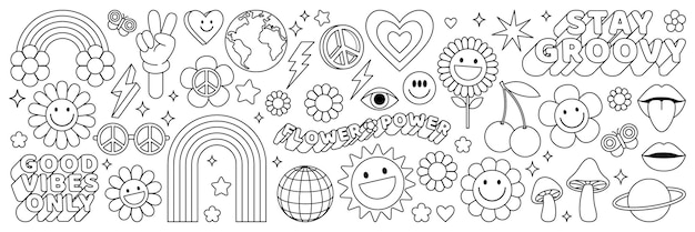 Autocollants hippie groovy des années 70 Coeur de paix arc-en-ciel de fleur de dessin animé drôle dans un style psychédélique rétro