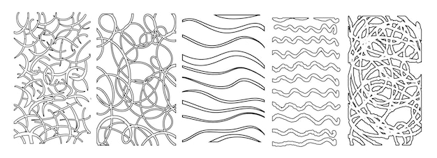 Des autocollants horizontaux noirs avec diverses textures à croix de crayon dessinées à la main Vector Naive Doodle Patterns Éléments de conception pour les messages sur les médias sociaux