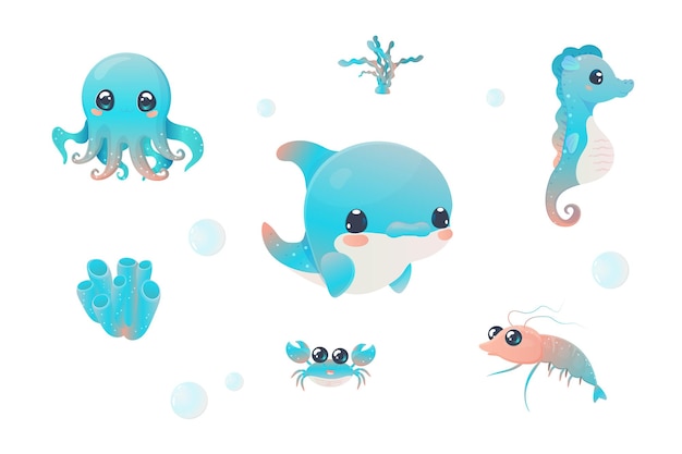 autocollants illustration vectorielle habitants de la mer créatures illustration sur fond isolé blanc