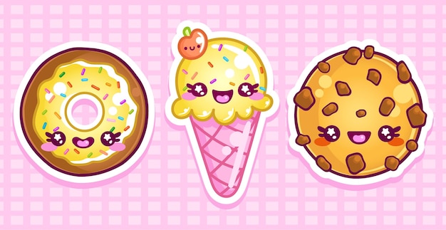 Autocollants Kawaii Mignons De Biscuits Et De Beignets De Glace Heureux