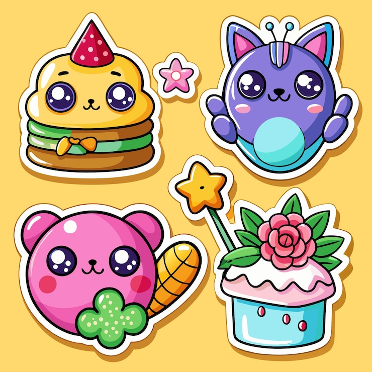 Vecteur des autocollants kawaii mignons des dessins adorables de nourriture pour animaux