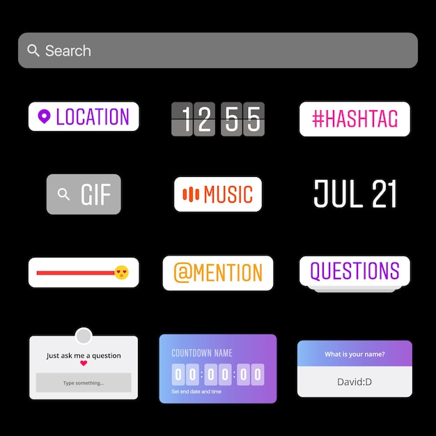 Autocollants de médias sociaux. Autocollants d'interface de médias sociaux. Ensemble d'autocollants. Hashtag, curseur, compte à rebours, emplacement, question, heure et date Frames Illustration vectorielle.