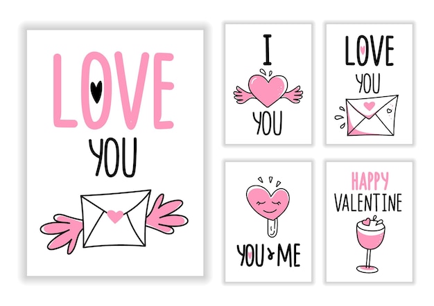 Autocollants Mignons De Cartes De Voeux Pour Les Cartes De Cartes De Voeux De La Saint-valentin Isolées Sur Fond Blanc. Pour Les Souvenirs, Les Textiles, Les Fournitures De Bureau. Illustration Vectorielle.