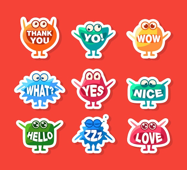 Vecteur des autocollants de monstres mignons ont mis en place des personnages emoji colorés drôles avec des mots dans leur bouche vecteur