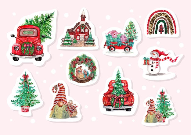 Autocollants De Noël Aquarelle Avec Des Camions, Des Arbres Et Des éléments De Noël