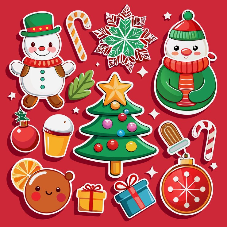 Vecteur des autocollants de noël festives avec des bonhommes de neige, des ornements d'arbre de noël, des cadeaux et des cannes de bonbons.