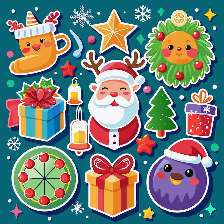 Vecteur des autocollants de noël festives avec des rennes, des cadeaux, des étoiles, des flocons de neige et une couronne de noël.