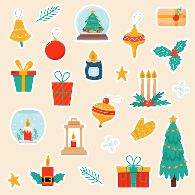 Autocollants De Noël Pour La Décoration De Cadeaux Illustration Vectorielle En Style Cartoon