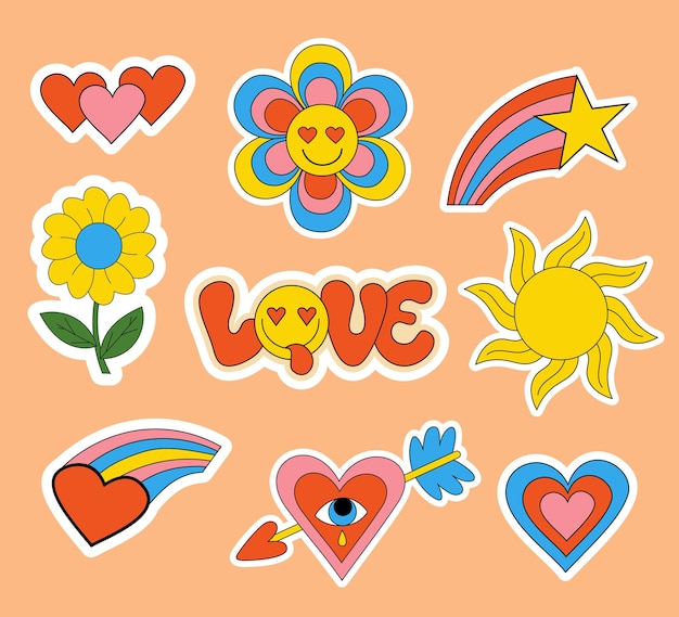 Autocollants nostalgie des années 70 badges éléments groovy Slogan Love dans un style groovy avec une fleur de visage souriant