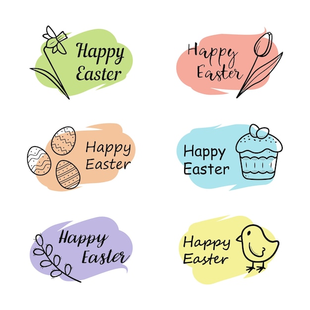 Autocollants de Pâques avec félicitations Joyeuses Pâques Éléments dessinés à la main dans le style de ligne doodle