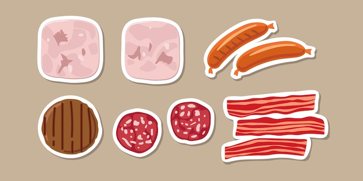 Vecteur autocollants de produits à base de viande morceaux de jambon et saucisses escalope bacon vue aérienne de la viande isolée