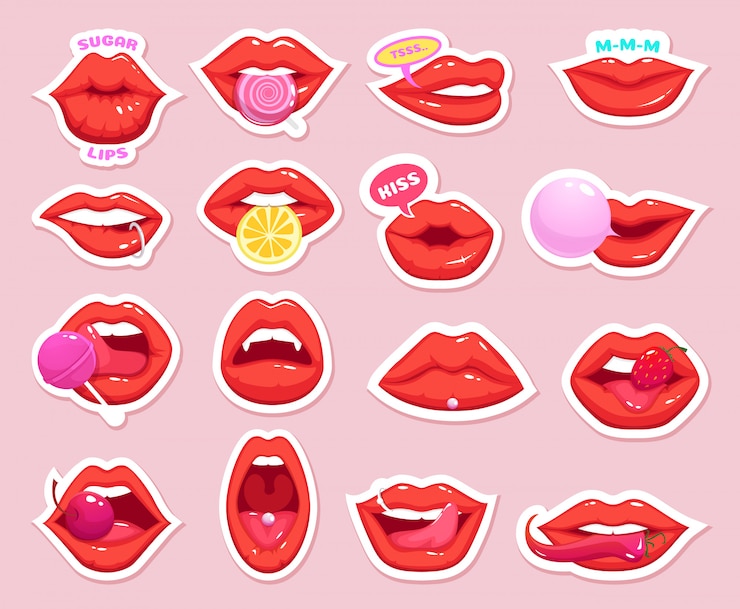 Vecteur autocollants sexy. patch rétro fille lèvres baiser collection de badges cerises bonbons