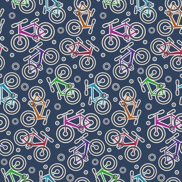 Vecteur des autocollants de vélo colorés sur un motif sans couture bleu foncé. texture de la jeunesse mignonne transport urbain écologique adolescent ville dans le style d'autocollant pour le textile, le papier d'emballage, l'emballage, le fond, la surface