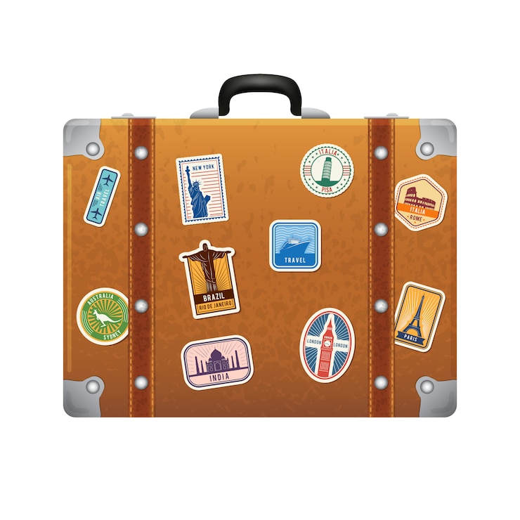 Vecteur autocollants de voyage sur valise en cuir rétro. jeu d&#39;étiquettes de vecteur