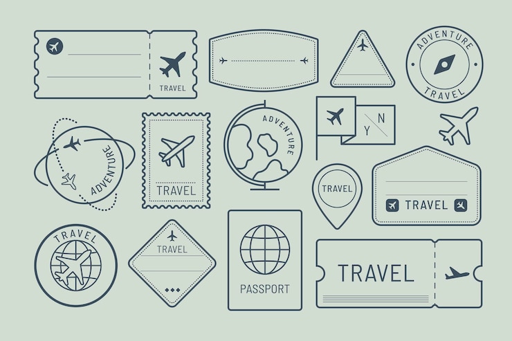 Vecteur autocollants de voyage et vecteur de jeu de badges