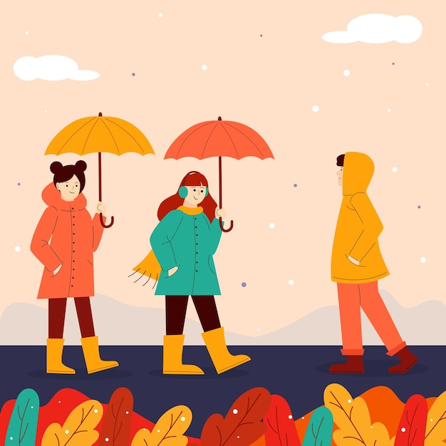 Vecteur automne automne promenade sous un parapluie rencontrer des gens guy fille en rouge orange jaune