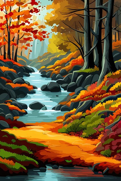 Vecteur l'automne dans le parc forestier le ruisseau de la rivière tombe les feuilles de couleur sur le fond des montagnes aquarelle