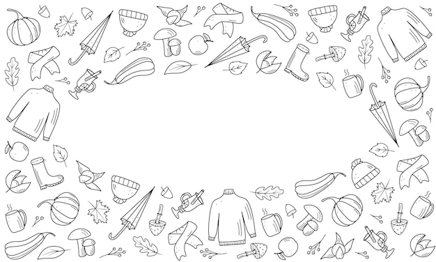Automne ensemble d'éléments Vector illustration automne icône style doodle Éléments de vêtements chauds arbre feuilles parapluie thé chaud
