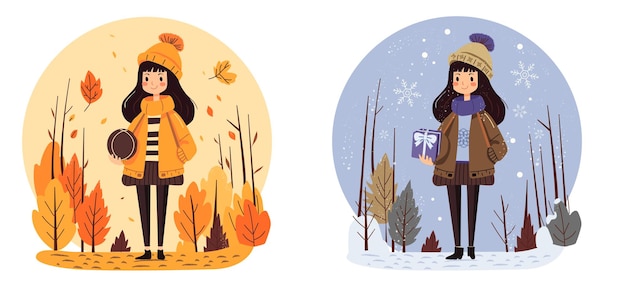 Vecteur de l'automne à l'hiver illustration avec une jolie fille