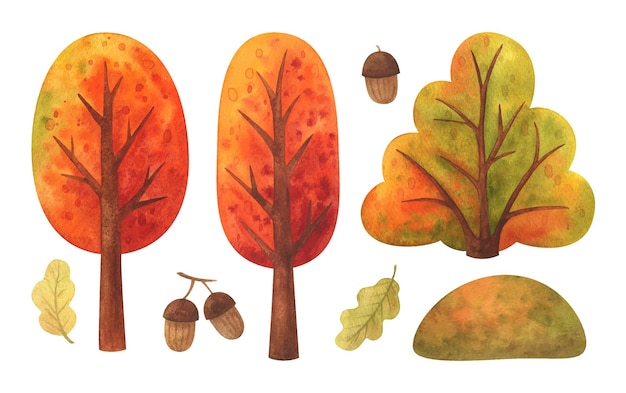 Vecteur automne nature clipart illustrations d'éléments de paysage saisonnier automne arbre buisson chêne gland feuilles tombées un morceau de terre automne âme isolé image peinte à la main