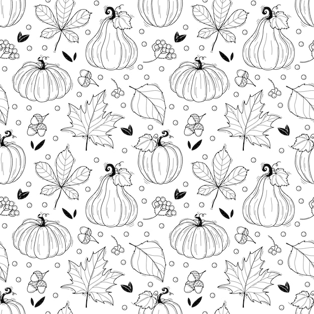 Vecteur automne noir et blanc et motif sans couture de thanksgiving avec des feuilles qui tombent et des citrouilles dans un style doodle bon pour l'emballage du papier imprimés textiles papeterie décoration de pépinière vêtements scrapbooking