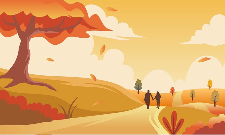 Automne romantique. Vecteur d'illustration panoramique d'automne. Couple dans les feuilles qui tombent avec un ciel orange.