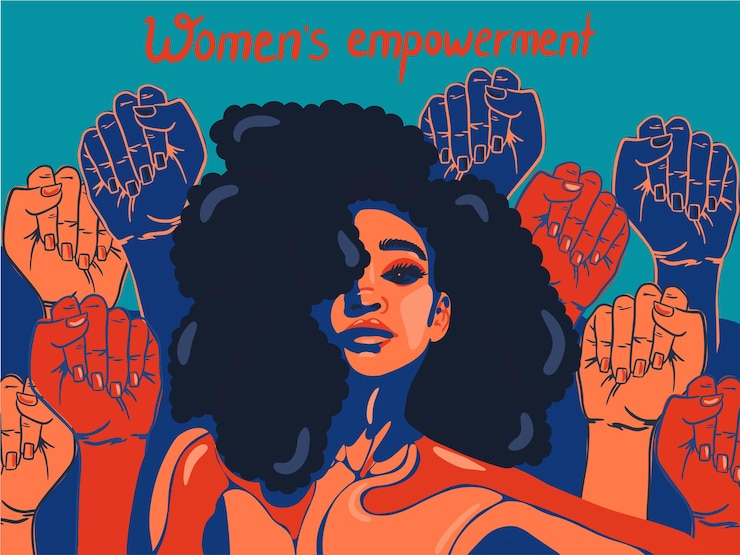 Vecteur autonomisation des femmes une femme avec des mains de signe d'égalité droits des femmes unité et solidarité