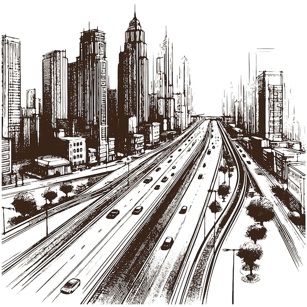 Vecteur autoroute dans une ville moderne avec des gratte-ciel gravure monochrome vectorielle