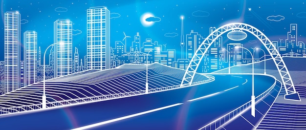 Vecteur autoroute sous le pont. ville de nuit moderne, ville de néon. illustration d'infrastructure, scène urbaine