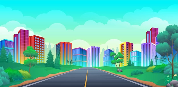 Autoroute Vide Vers La Ville Avec Des Gratte-ciel Colorés Et Un Beau Dessin Animé De Paysage D'été