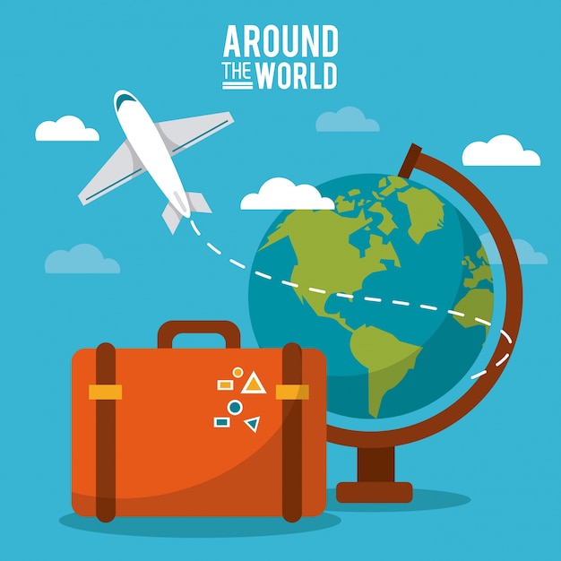 Autour du monde. globe monde avion valise ciel