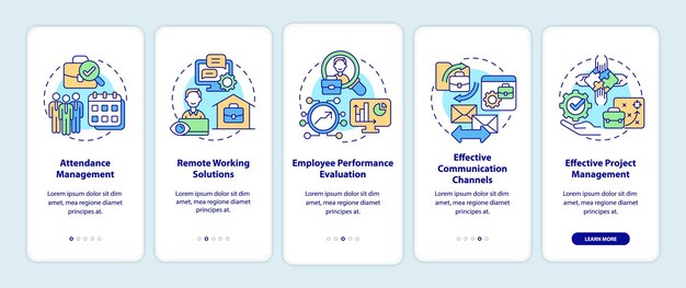 Avantages de la surveillance des employés lors de l'intégration de l'écran de la page de l'application mobile. Procédure pas à pas pour le suivi des travaux, instructions graphiques en 5 étapes avec concepts. Modèle vectoriel UI, UX, GUI avec illustrations en couleurs linéaires