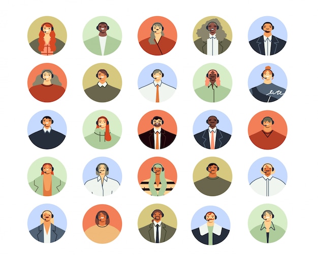 Avatar assistant du centre d'appels. Services de soutien à la clientèle, assistance téléphonique personnelle et ensemble d'illustration plat d'icône de profil de travailleur de soutien à la clientèle. Opérateurs de service de centre de contact
