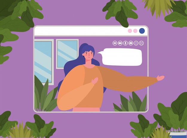 Avatar de femme avec bulle sur le site Web dans la conception de chat vidéo, appelez conférence en ligne et illustration de thème webcam
