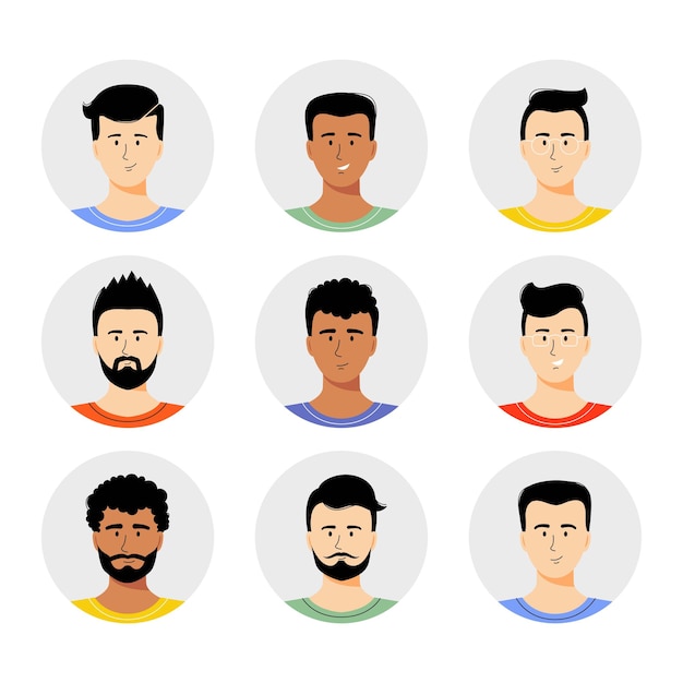 Avatar De L'homme Mis En Illustration Vectorielle Portrait De Jeunes Garçons Avec Un Style De Cheveux Différent Isolé Sur Blanc