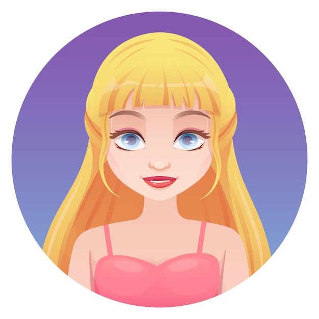 Vecteur avatar icon of trendy pink doll with big blue eyes and blonde hair pink dress on doll vector illustration in cartoon style garish vector