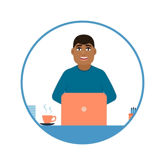 Vecteur avatar d'un jeune homme afro-américain qui travaille sur un ordinateur portable