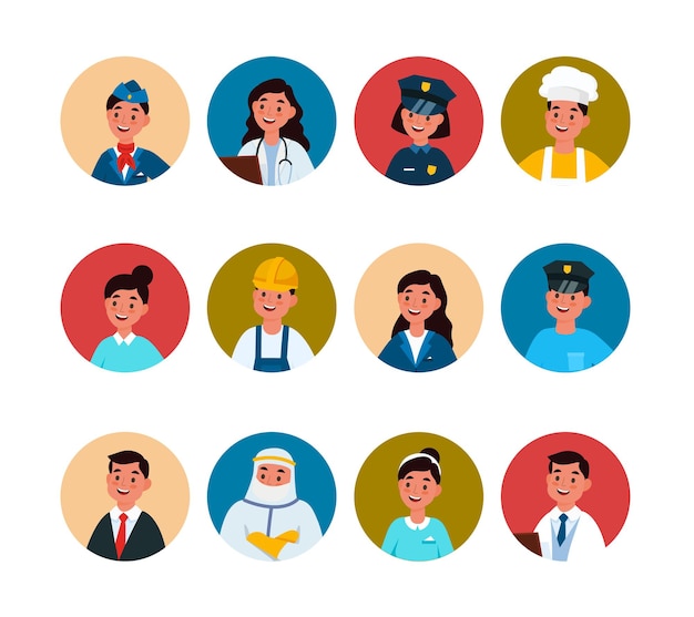Avatar de métier. Homme et femme professionnels dans l'hôtesse de l'air, médecin et policier, serveur et constructeur, employé de bureau et chef en uniforme rond profil utilisateur portrait vecteur ensemble coloré isolé